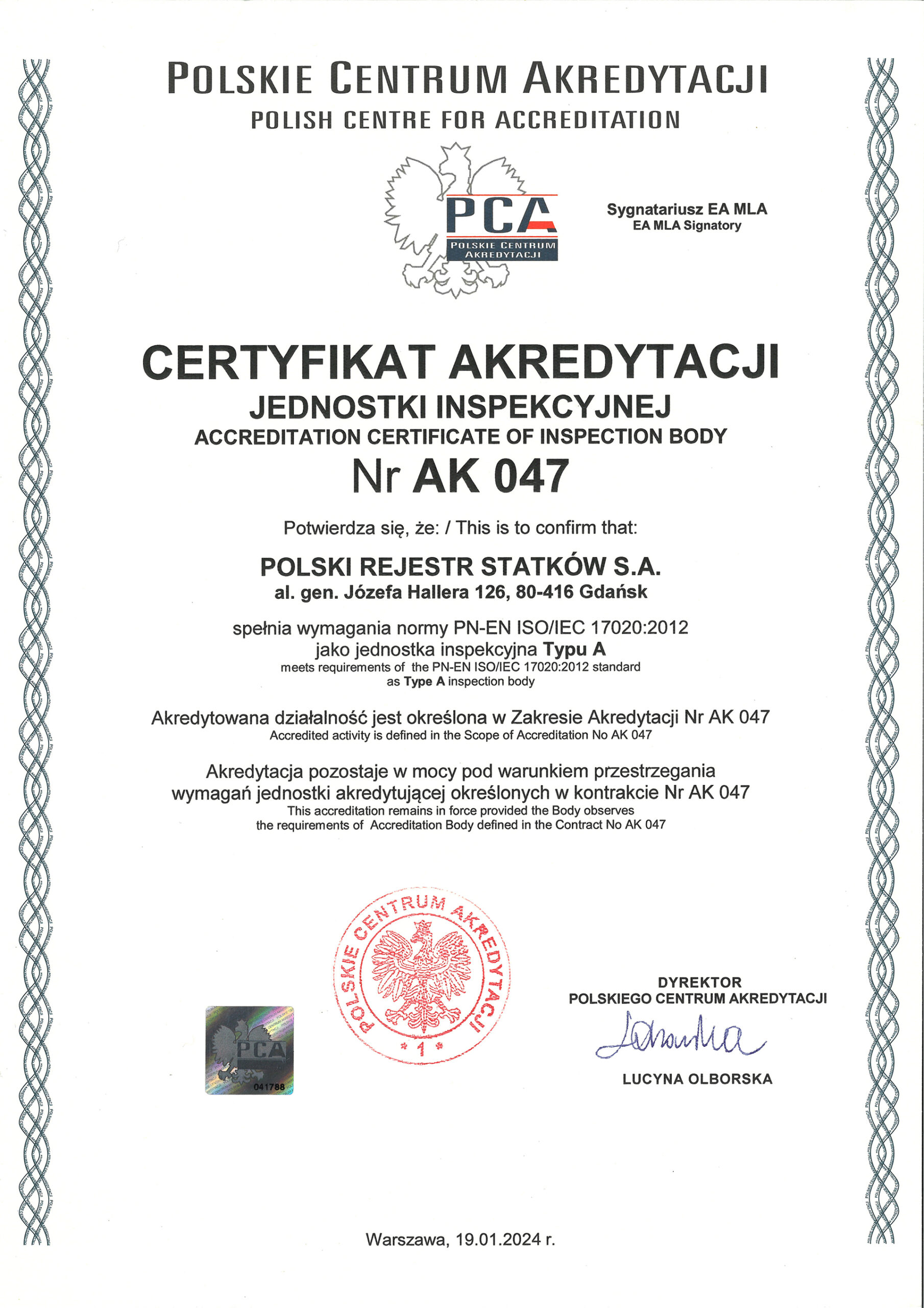 PRS with a certificate of inspection unit type A